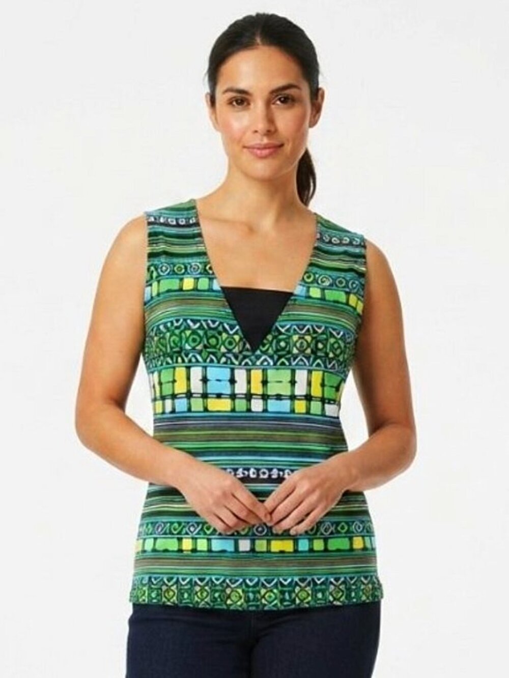 Clientele Colourful Geometric Print Stretch Sleeveless Top- Sz. Lrg